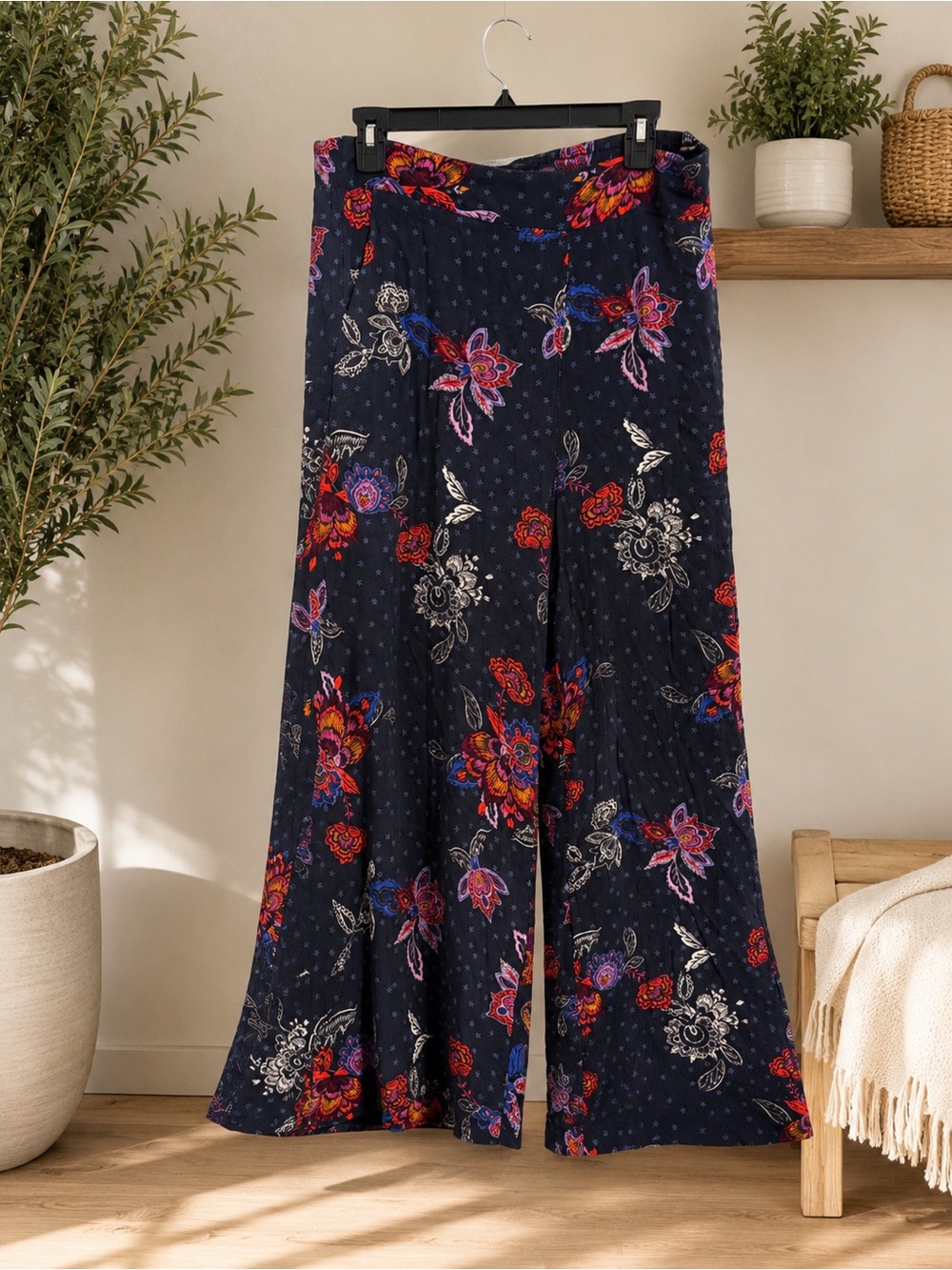 Boho Navy Floral Wide-Leg Pants